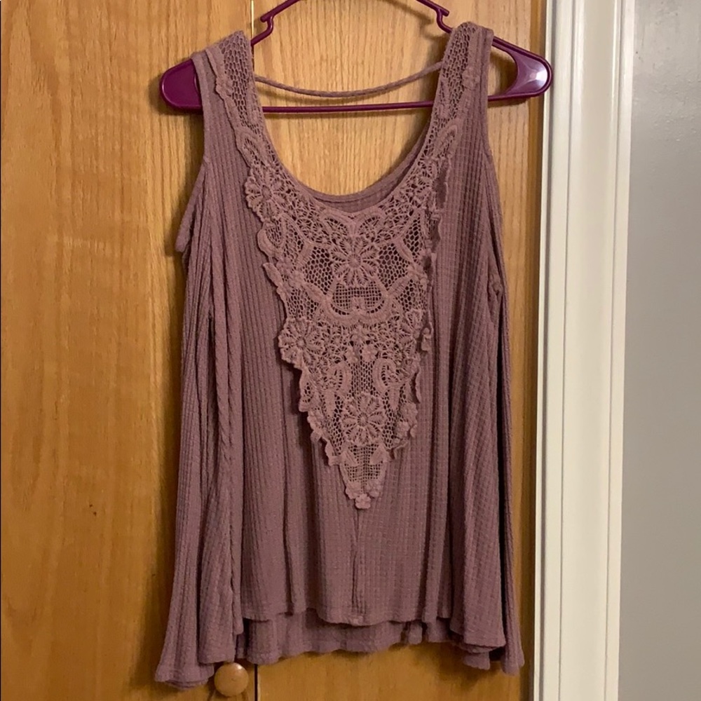 Blush pink lace-back off the shoulder shirt